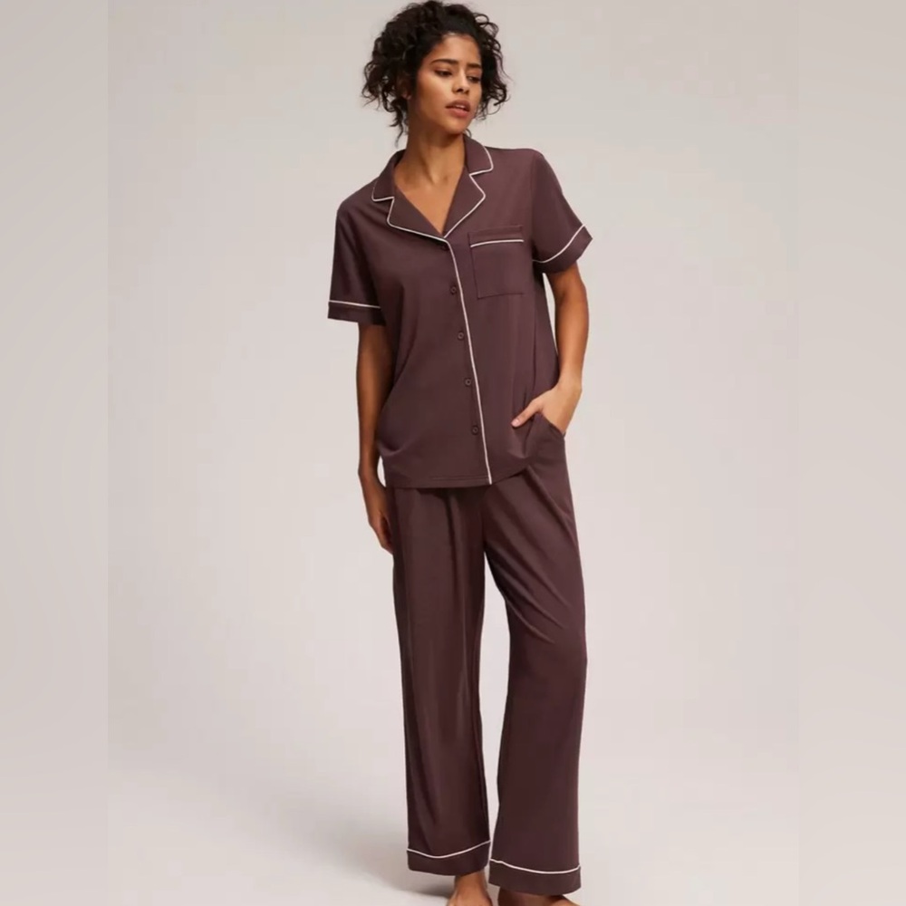 Elegant Brown Pajama Set with White Trim